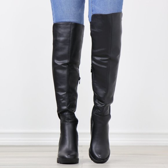 Black Faux Leather Round Toe Thigh High Over The Knee Lug Block Heel Boots - Picture 11 of 15